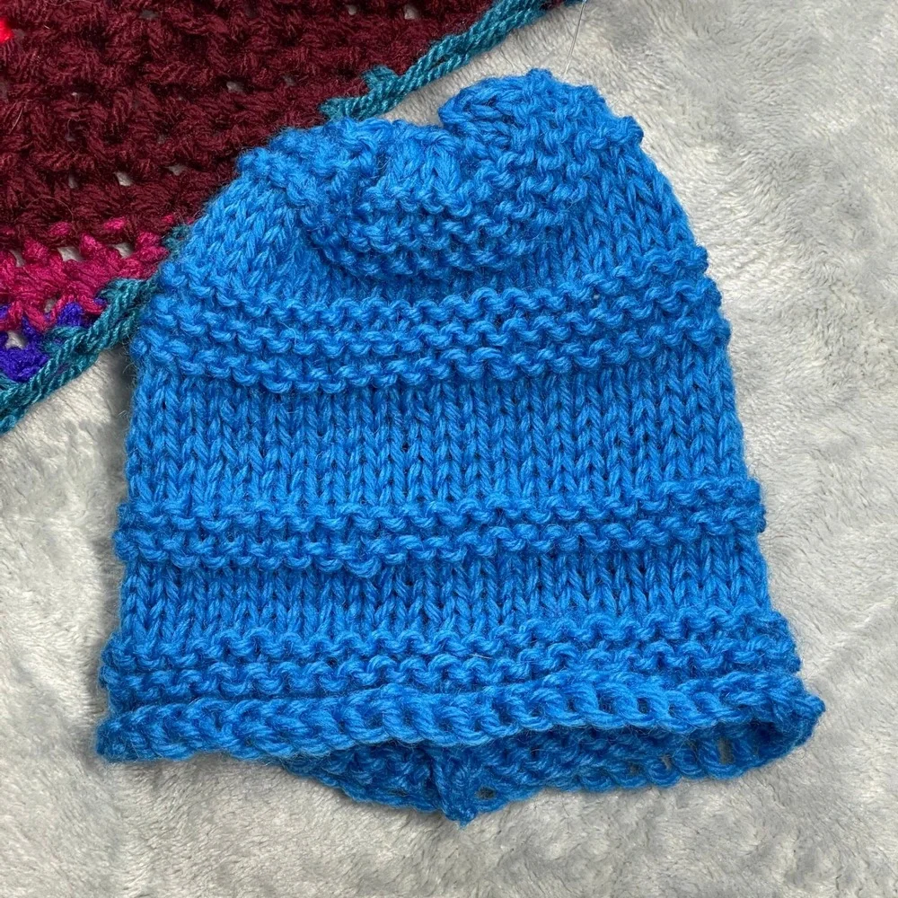 Handmade Crochet Baby Blanket Hat Set Rainbow Chevron Teal Burgundy Warm Cozy